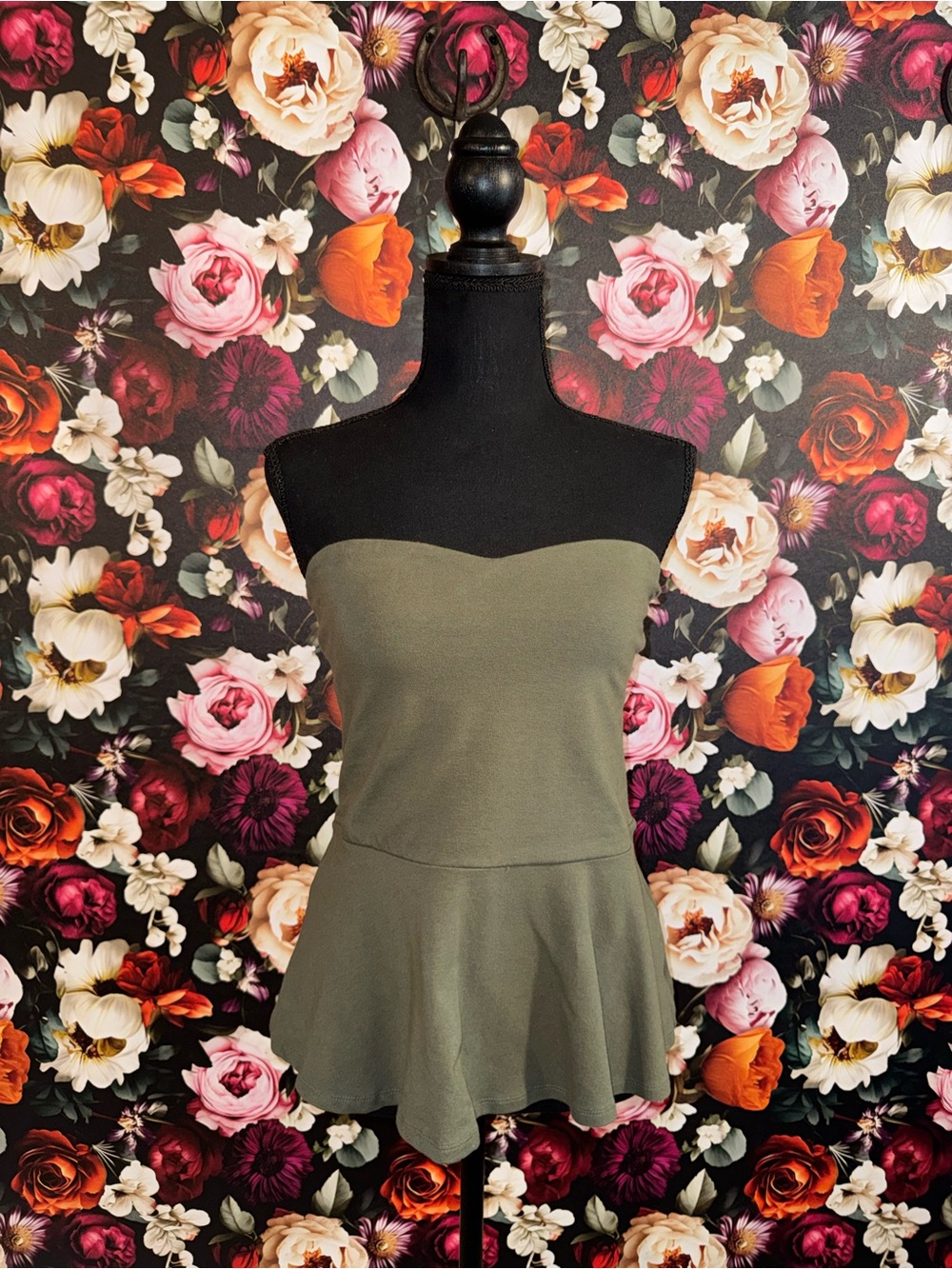 Express Olive Green Strapless Peplum Top, Medium, NWOT